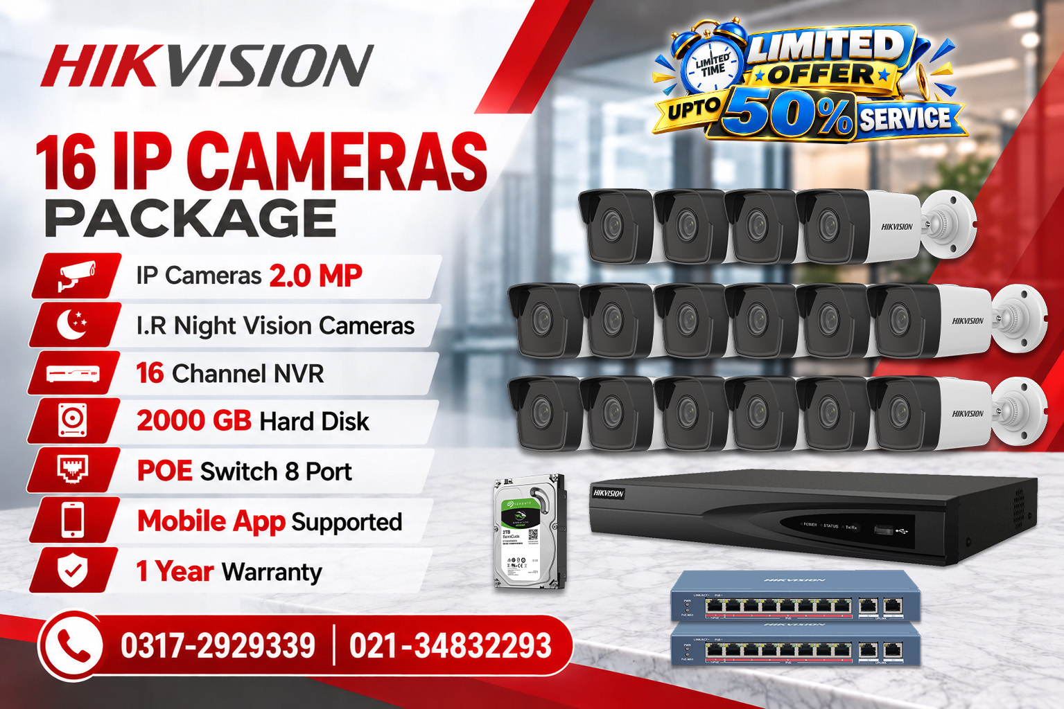 16 IP Cameras 2.0MP with 50% off Service