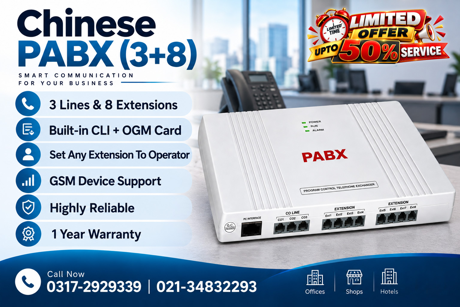 Chinese PABX (3+8) with 50% off Service
